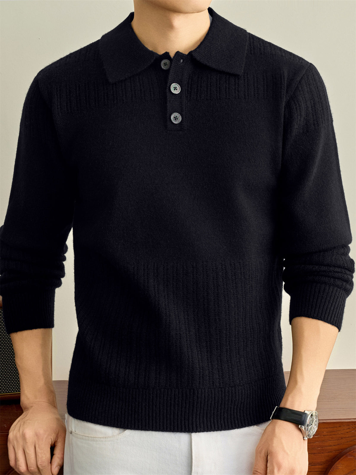 Autumn Winter Knit 3D Solid Color Lapel Polo Sweater, Basic Knit Pullover Top for Men, Fashionable Long Sleeve Sweater, Size S - Black