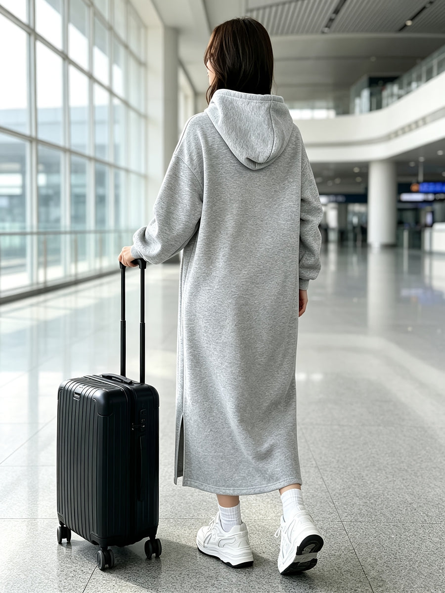 Women's Winter Warm -Lined Long Hooded Sweatshirt Dress with Side Slits, Kangaroo Pocket, Loose Fit, Casual Daily Loungewear - Grey