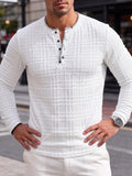 Men's Fashion Top, Autumn/Winter Outdoor Casual Jacquard Textured Fabric, Contrast Color Crew Neck Single-Breasted Long Sleeve Men's Henley Shirt - White