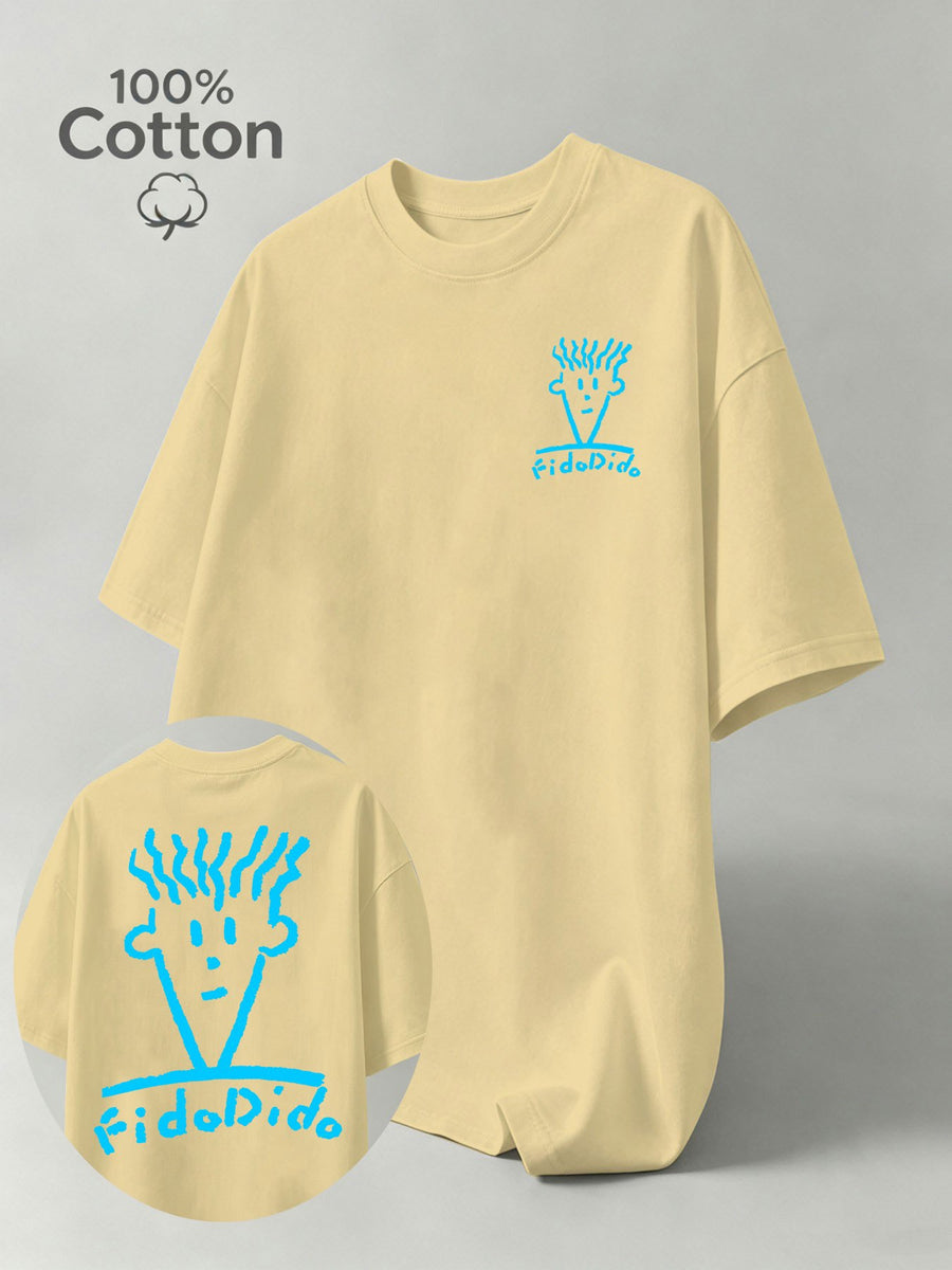 Summer Pure Cotton FidoDido Casual Doodle Graffiti Style Print Men's Short-Sleeve T-Shirt, Moisture-Wicking and Sweat-Absorbent, Comfortable for Casual Wear, Street Style, Outdoor Sports, and Fitness - Apricot