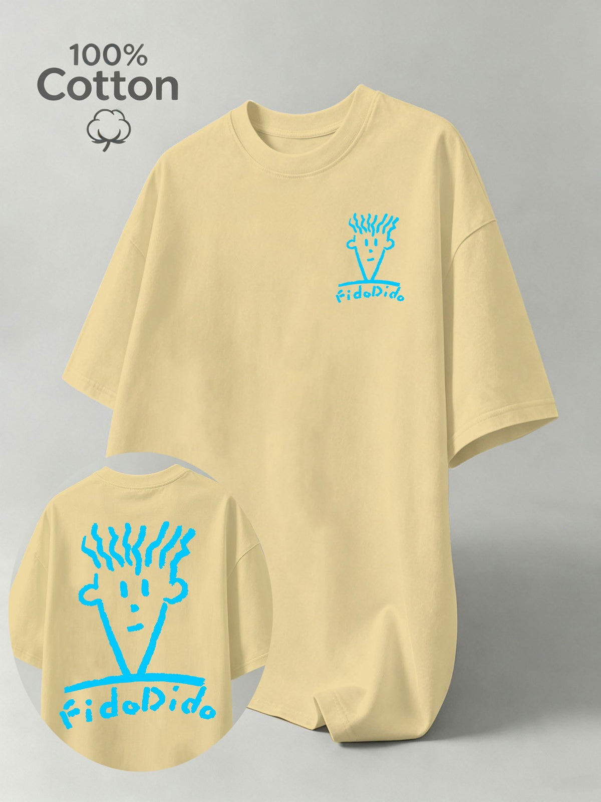 Summer Pure Cotton FidoDido Casual Doodle Graffiti Style Print Men's Short-Sleeve T-Shirt, Moisture-Wicking and Sweat-Absorbent, Comfortable for Casual Wear, Street Style, Outdoor Sports, and Fitness - Apricot
