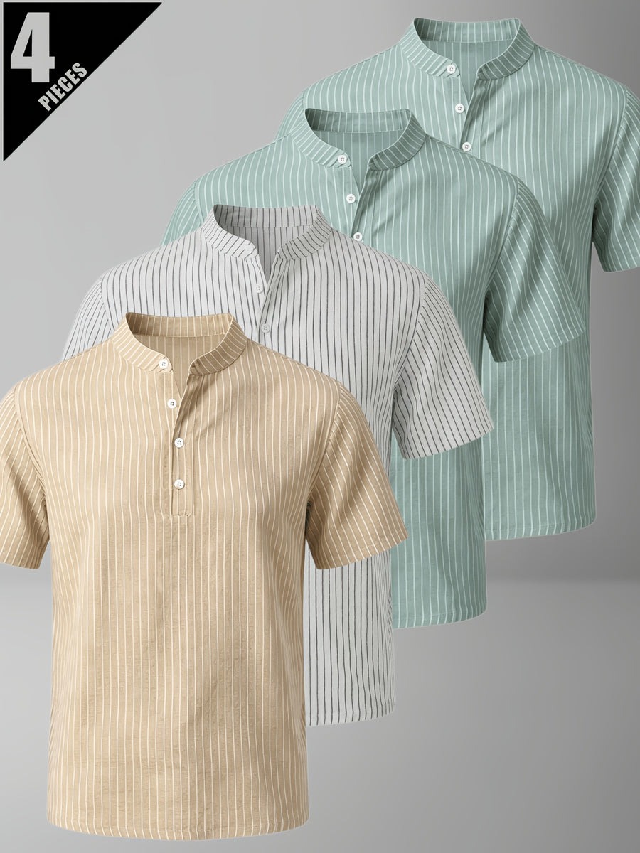 4pcs Men'S Casual Striped Linen Blend Henley Shirts, Breathable Short Sleeve Summer Tops, Suitable for Daily, Beach, And Vacation - Color Mixing 9