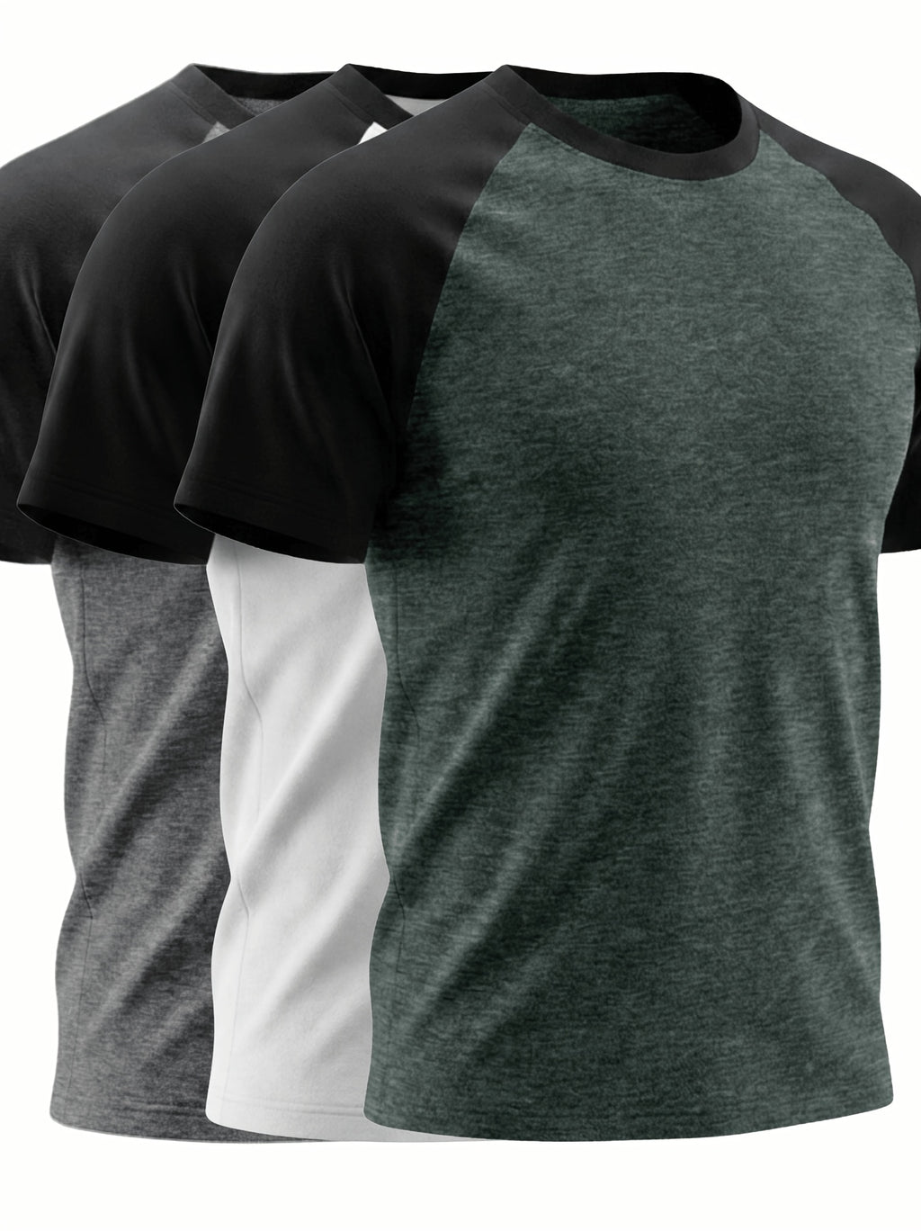 3pcs Raglan Colorblock Crew Neck Short Sleeve Base Layer Tops, Stretch Fabric, Men's European and American Style Summer Soft Fabric T-Shirt, Home Wear, Men's Casual Top, Inner Layer, Multi-Scene, Suitable for Various Style Combinations - Army Green + White + Gray