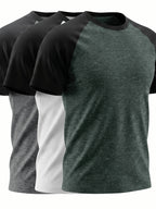3pcs Raglan Colorblock Crew Neck Short Sleeve Base Layer Tops, Stretch Fabric, Men's European and American Style Summer Soft Fabric T-Shirt, Home Wear, Men's Casual Top, Inner Layer, Multi-Scene, Suitable for Various Style Combinations - Army Green + White + Gray