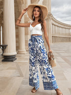 Women'S Loose And Porcelain Rubber Band Wide Leg Long Pants - Blue Flower On White