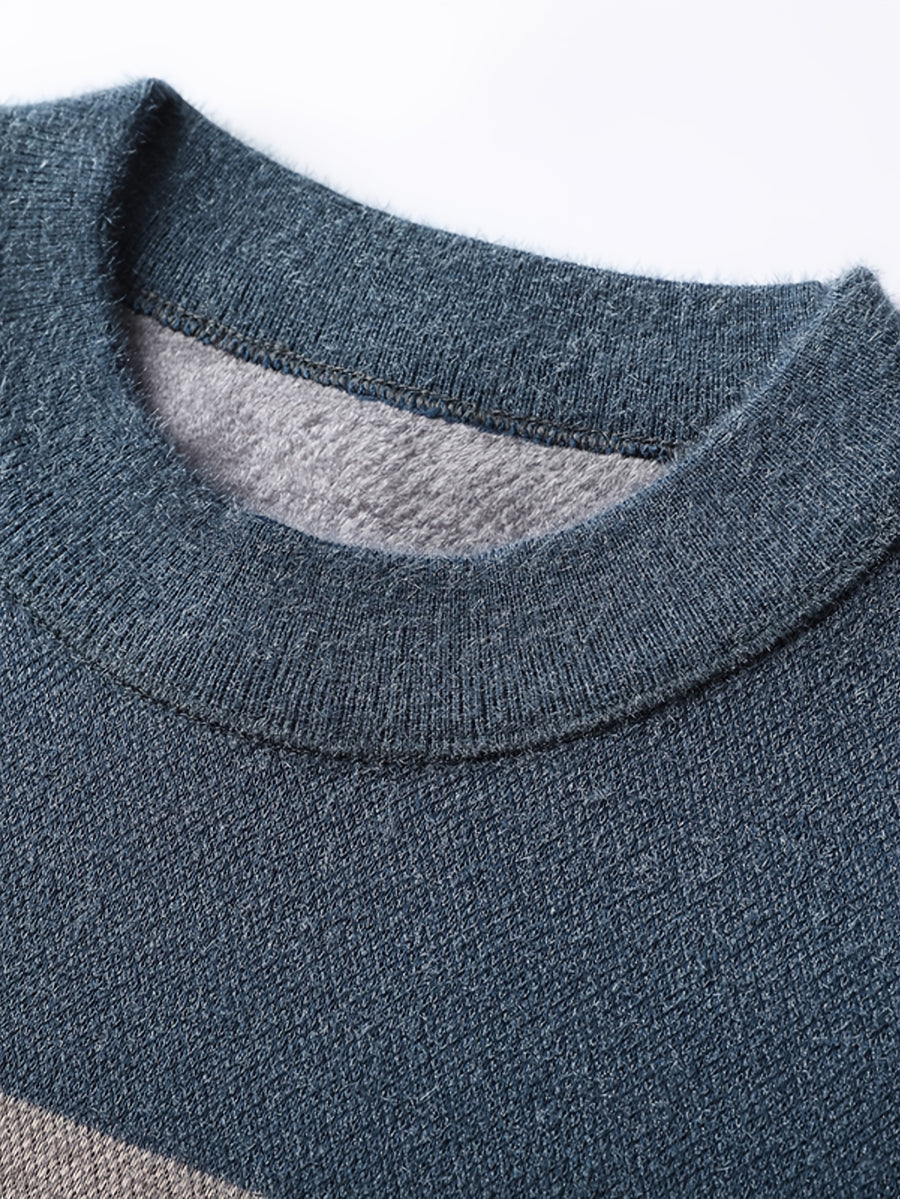 Minimalist Urban Fleece Round Neck Sweater Warm City Casual, Knit - Blue