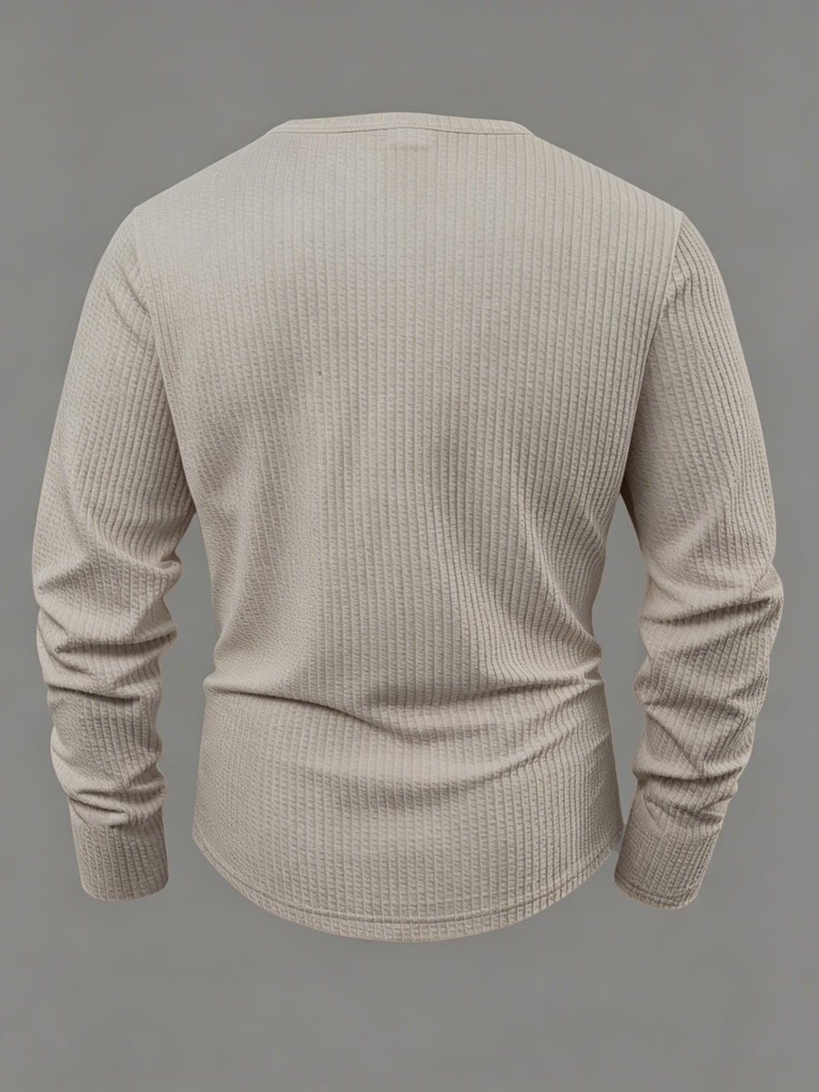 Vertical Stripe Textured Henley Collar Long Sleeve Men's Autumn Casual Loose Premium T-Shirt, Minimalist Solid Color Men's Casual Daily Top - Khaki