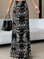 Retro Print Midi Skirt Women'S Summer Thin High Waist A-Line Skirt And Shaping Draping Slit Hip Wrap Long Skirt - Black