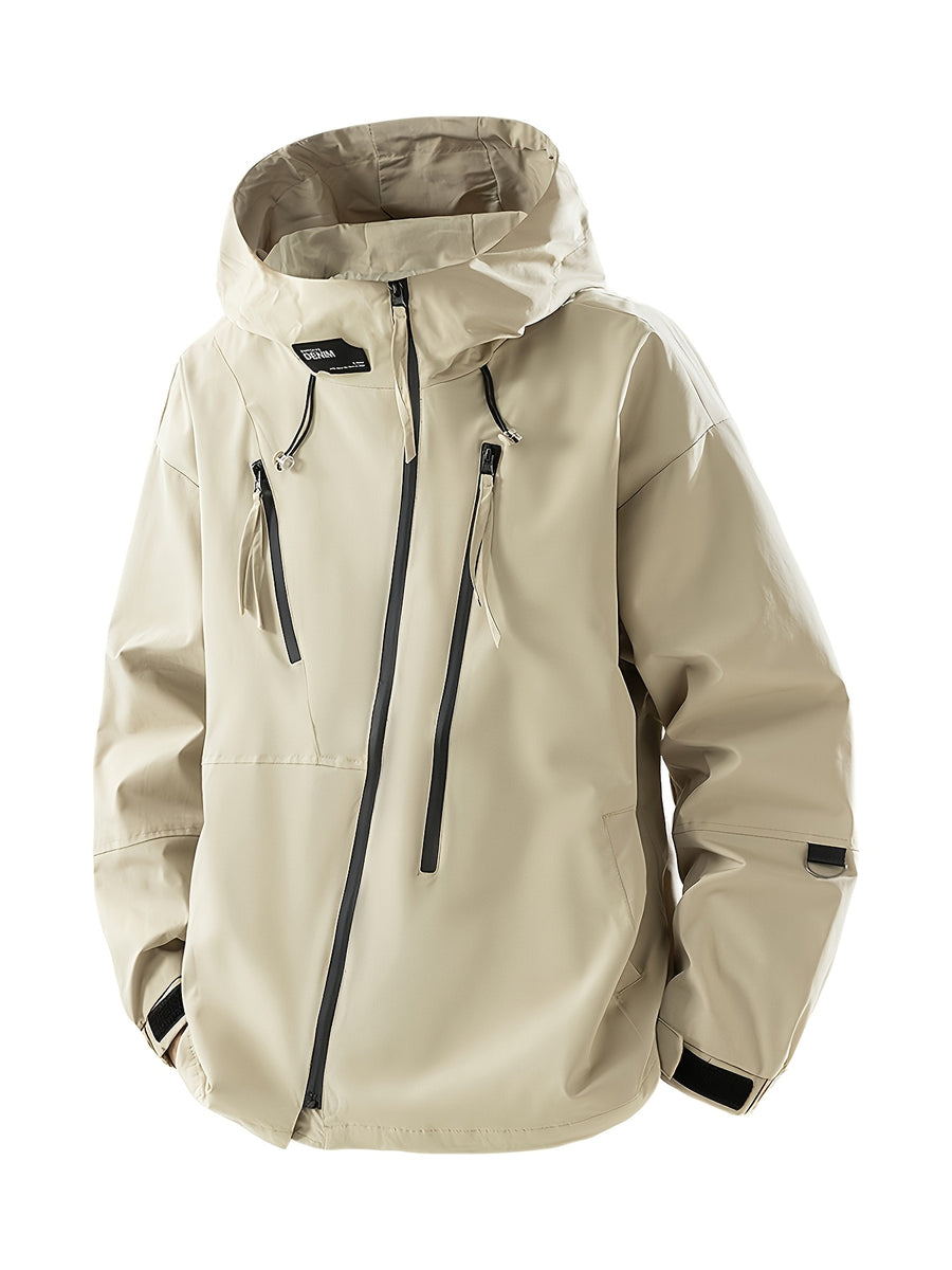 [Pearson OBM] Mountain Style Men'S Jacket Hooded Windbreaker, Irregular Zipper, Collar with Personalized Label, Imported Zipper, Fashionable And Individual, Easy Pockets, Suitable for Autumn Winter Sports, Casual - Off-white