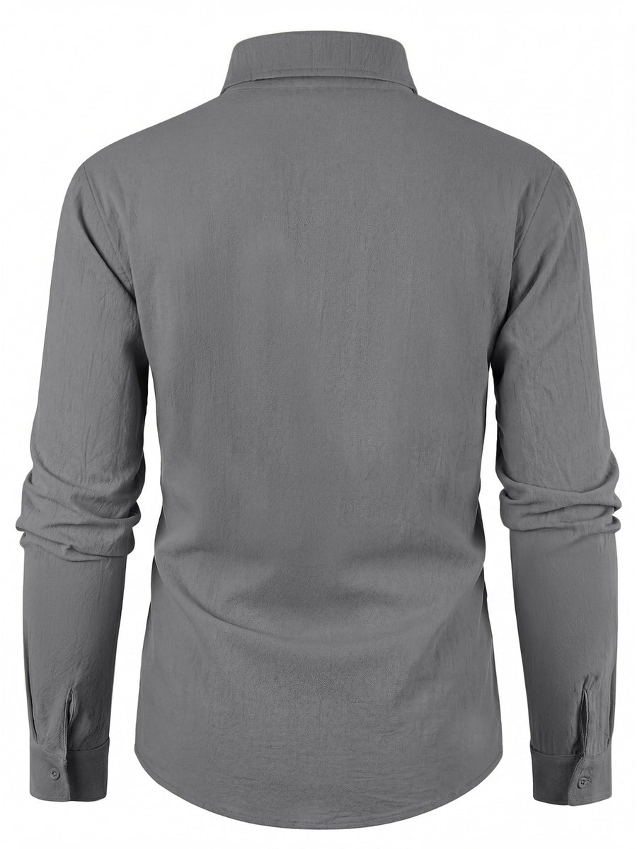 Retro Casual Men'S Long Sleeve Cardigan Shirt TOHATSU Logo Easy Letter Print Textured Loose Casual Shirt - Grey