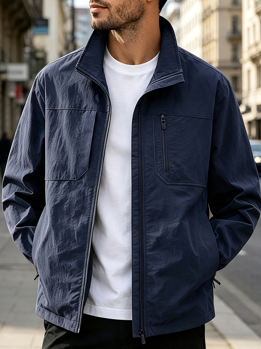 DIFFELEMENT Men'S Stand-Collar Tech Cargo Jacket, Lightweight Breathable Woven Fabric Windproof High Collar Full Zipper Front with Large Pockets And Dual Storage Design, Regular Fit for City Commute, Outdoor Hiking, Daily Layering, Casual Scenarios - Navy Color