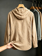 2pcs Men'S Linen-Like Hooded Henley Long Sleeve Sweatshirt Set, Breathable Thin Solid Color Half-Open Placket Casual Pullover Henley Shirt, Soft Comfortable Textured Fabric Fresh And Non-Stuffy, Loose Slimming Versatile Fit - 2pcs【Earth Yellow+Apricot】