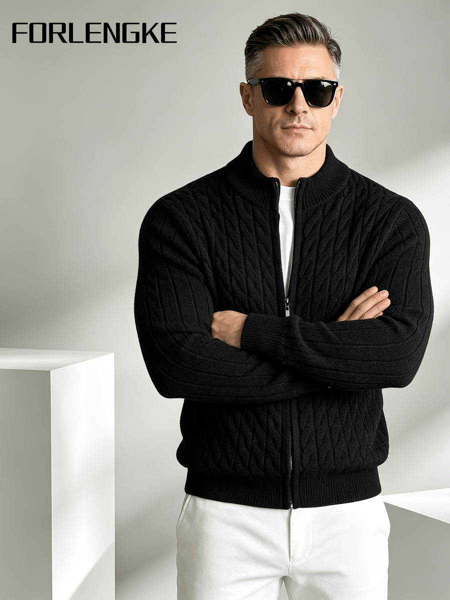 FORLENGKE Men'S Business Casual Stand Collar Cable Knit Cardigan, Soft Warm Textured Long Sleeve Sweater Jacket for Fall Winter Office Daily Wear - Black