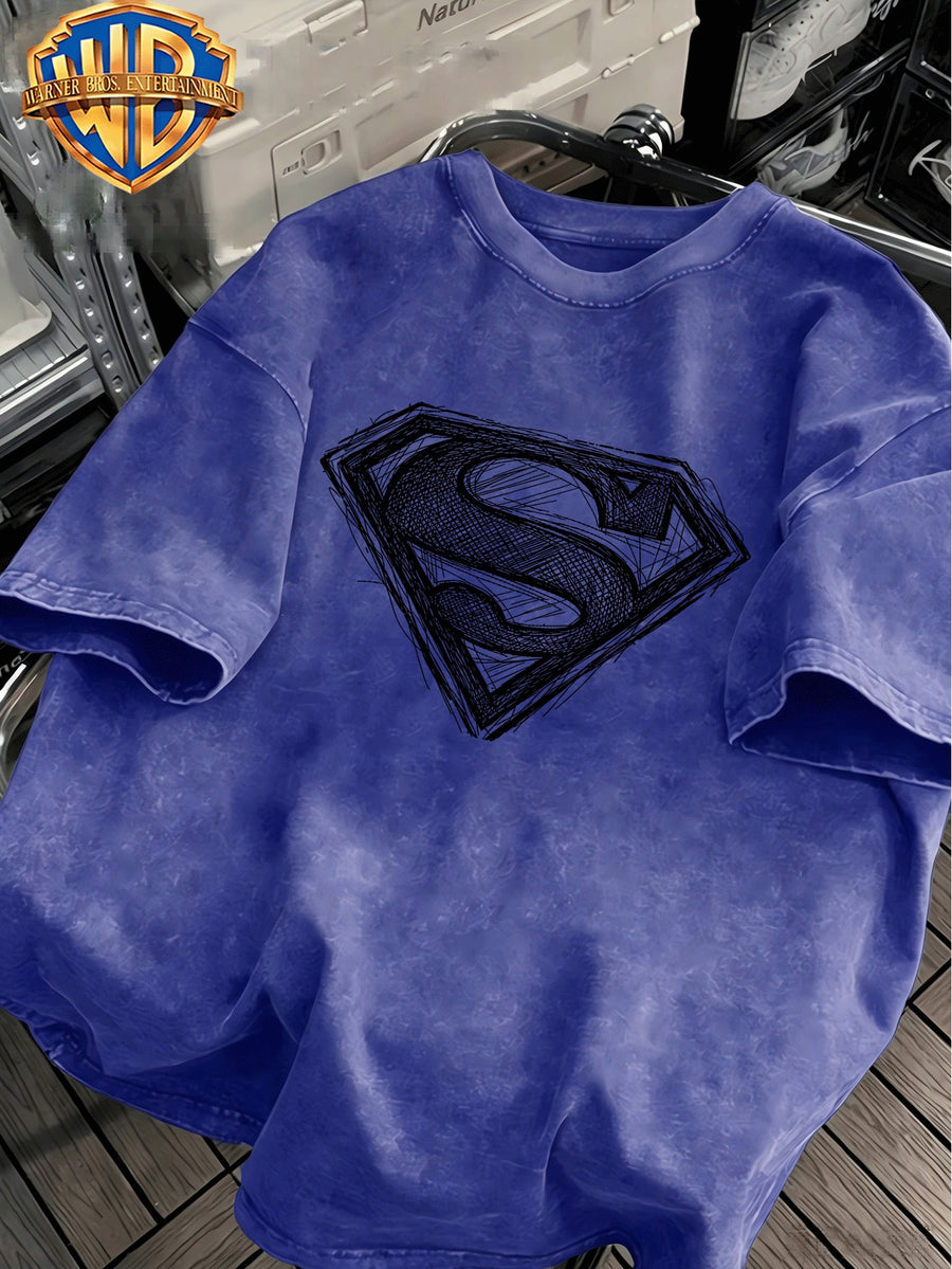 100% Washed Distressed T-Shirt, Superman Sketch S Shield Street Print, American Retro Street Cool Short Sleeve Top, Suitable for Outdoor Wear, Gym, Office, And Daily Fashion, Essential for Men'S Wardrobe - Unisex - Royal Blue