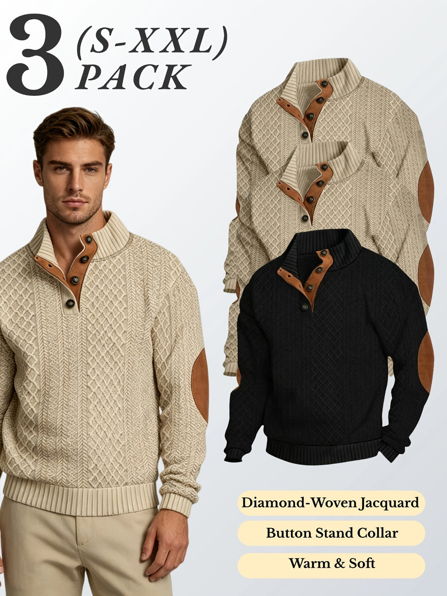 3pcs Men'S Textured Jacquard Knit Sweater Retro Casual Button-Up Stand Collar Long Sleeve Top for Autumn Winter Outing Home Versatile Basic Solid Color - Khaki 2 + Black