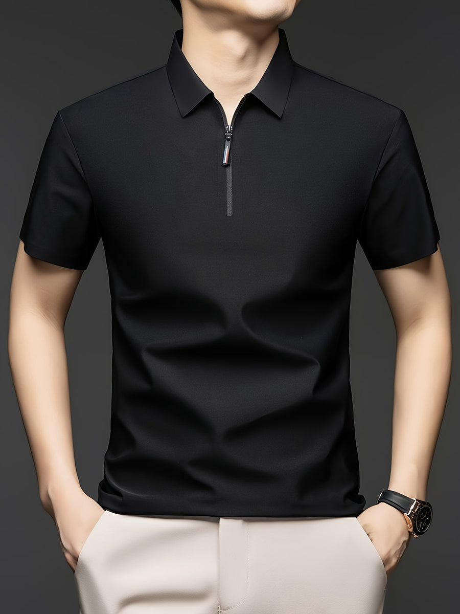 Men's Summer Short-Sleeve Half-Zip Lapel Polo Shirt - Solid Color T-Shirt Suitable for Casual & -Casual Wear, Breathable Half-Zip Collar, Short Sleeve Lapel Collar, Hand Washable Solid Color Polo Tee for Office or Everyday Outfits - Black