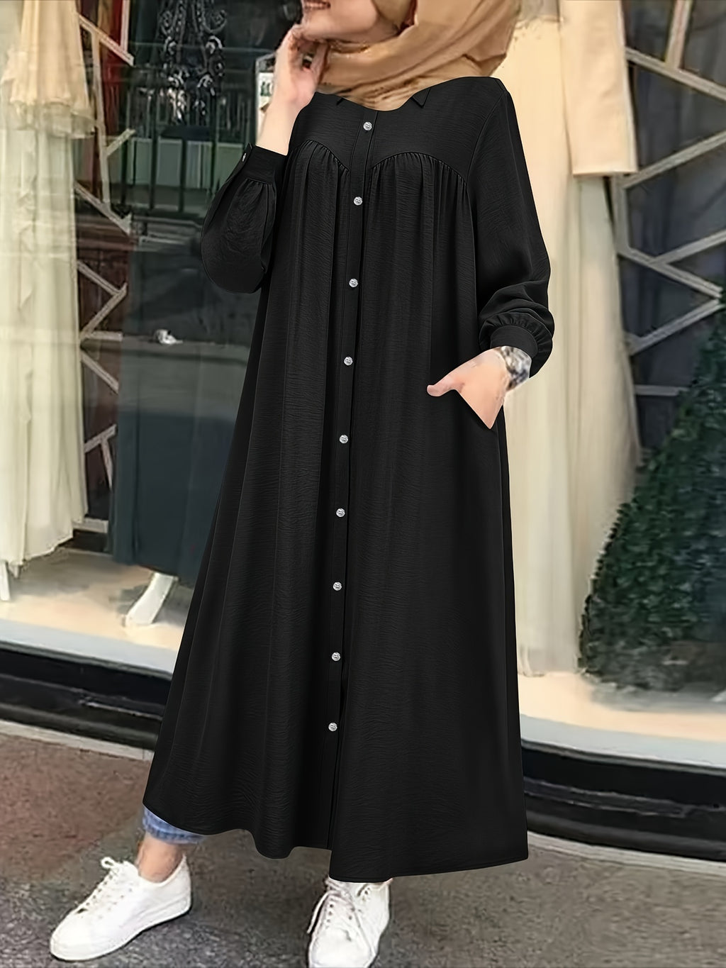 Fashion Women's Pocket Shirt Dress with Chest Gathering, Measured Bust at Back - Black