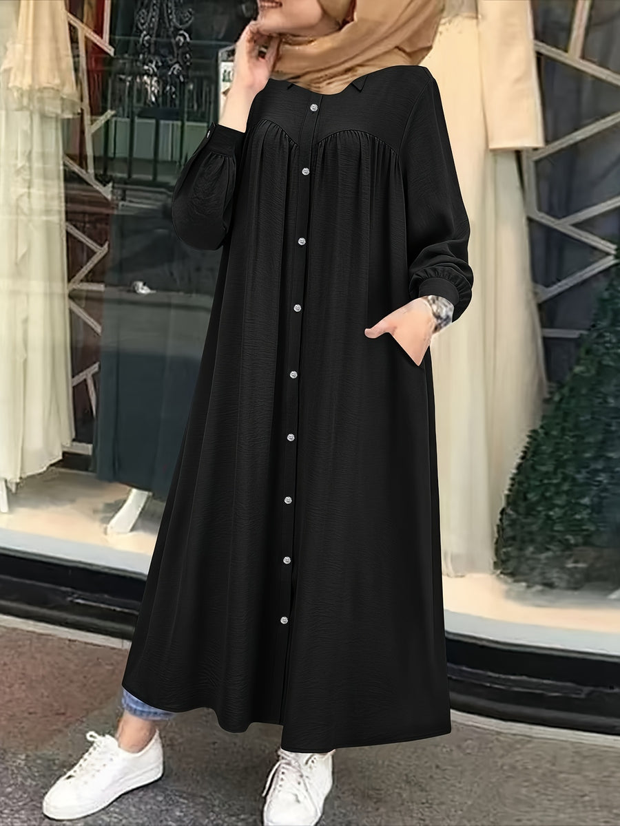 Fashion Women's Pocket Shirt Dress with Chest Gathering, Measured Bust at Back - Black