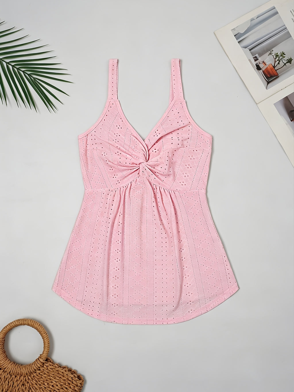 Western-style Women's Top with a Twisted Knot Design on the Chest, Made of Textured Lace Jacquard Fabric. A Spring/summer Beach, Outing, Date, or Vacation Shirt. "European Users Are Advised to Purchase One Size Smaller." - Pink