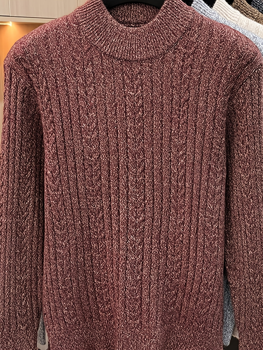 Men'S Semi-High Neck Jacquard Knit Sweater, Yarn Blend Thick Textured Velvet Base Layer, Stable Business Autumn Winter Knit Top - SINBOS - Coffee Purple