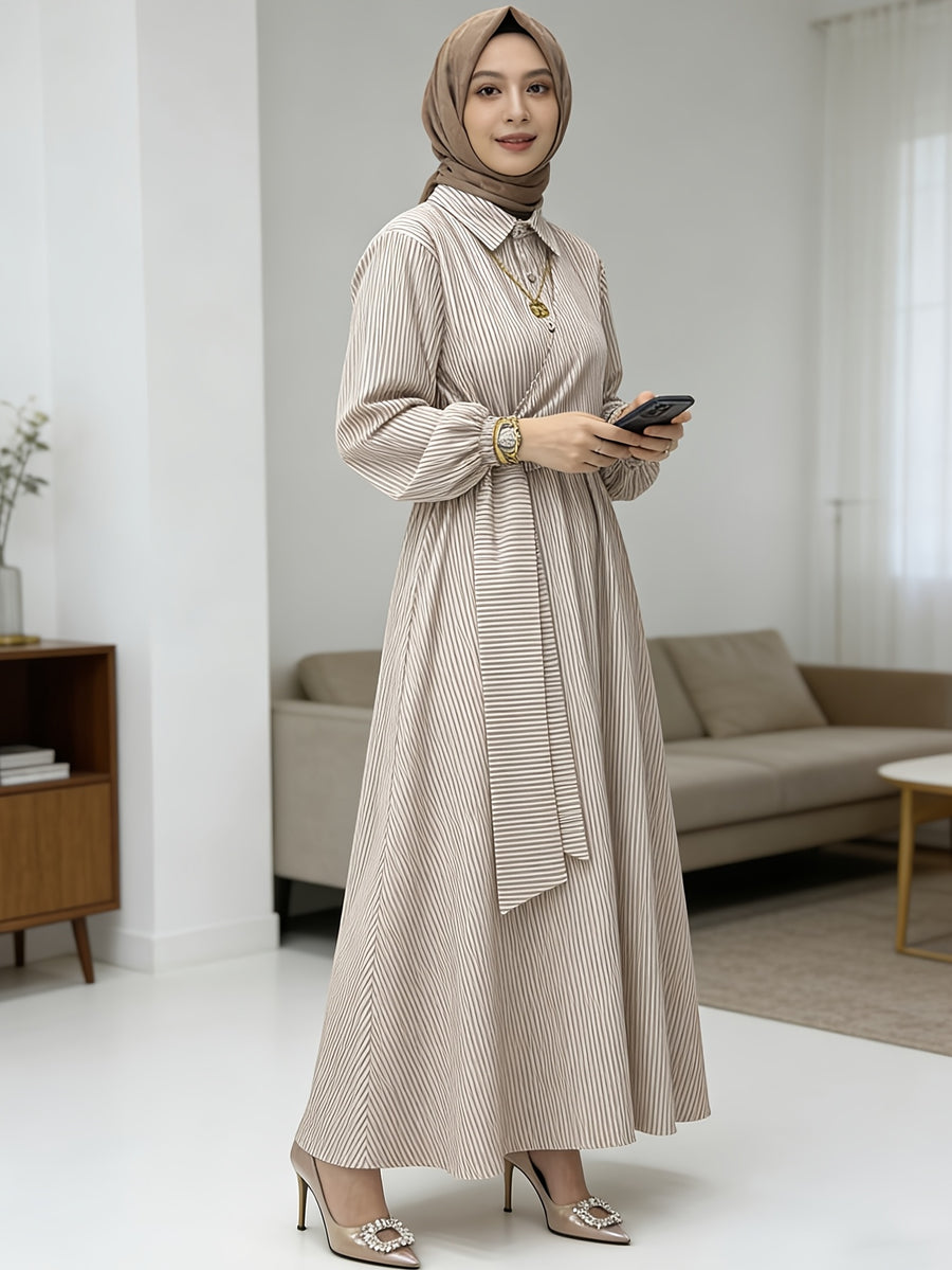Women'S Striped Shirt Dress, Gentle Style Temperament Shirt Dress, Design-Driven Twisted Long Skirt - Khaki