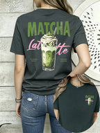 Short Sleeve T-Shirt with Front And Back Panels - Matcha Latte, Japanese Dessert Fashion Print - Women'S Spring Summer Trendy Printed T-Shirt, Fashion Item - Dark Gray