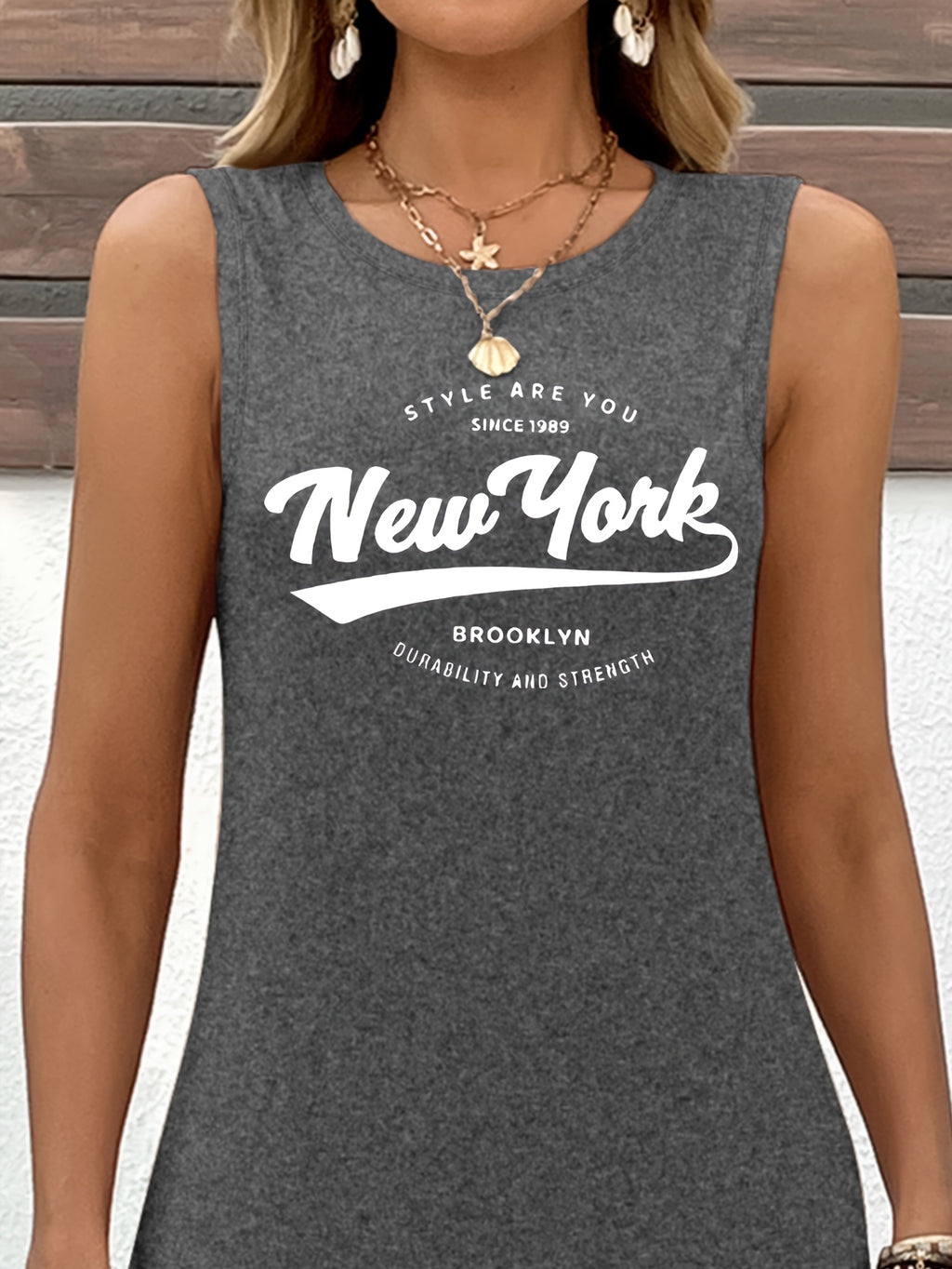 Women'S "New York" Graphic Tank Dress - Casual Sleeveless Summer Dress with "New York" Print, Soft Fabric, Round Neck, Perfect for Casual Attire, Casual Summer Attire | Graphic Tank Dress | Comfortable Fit, New York Fashion - Dark Gray