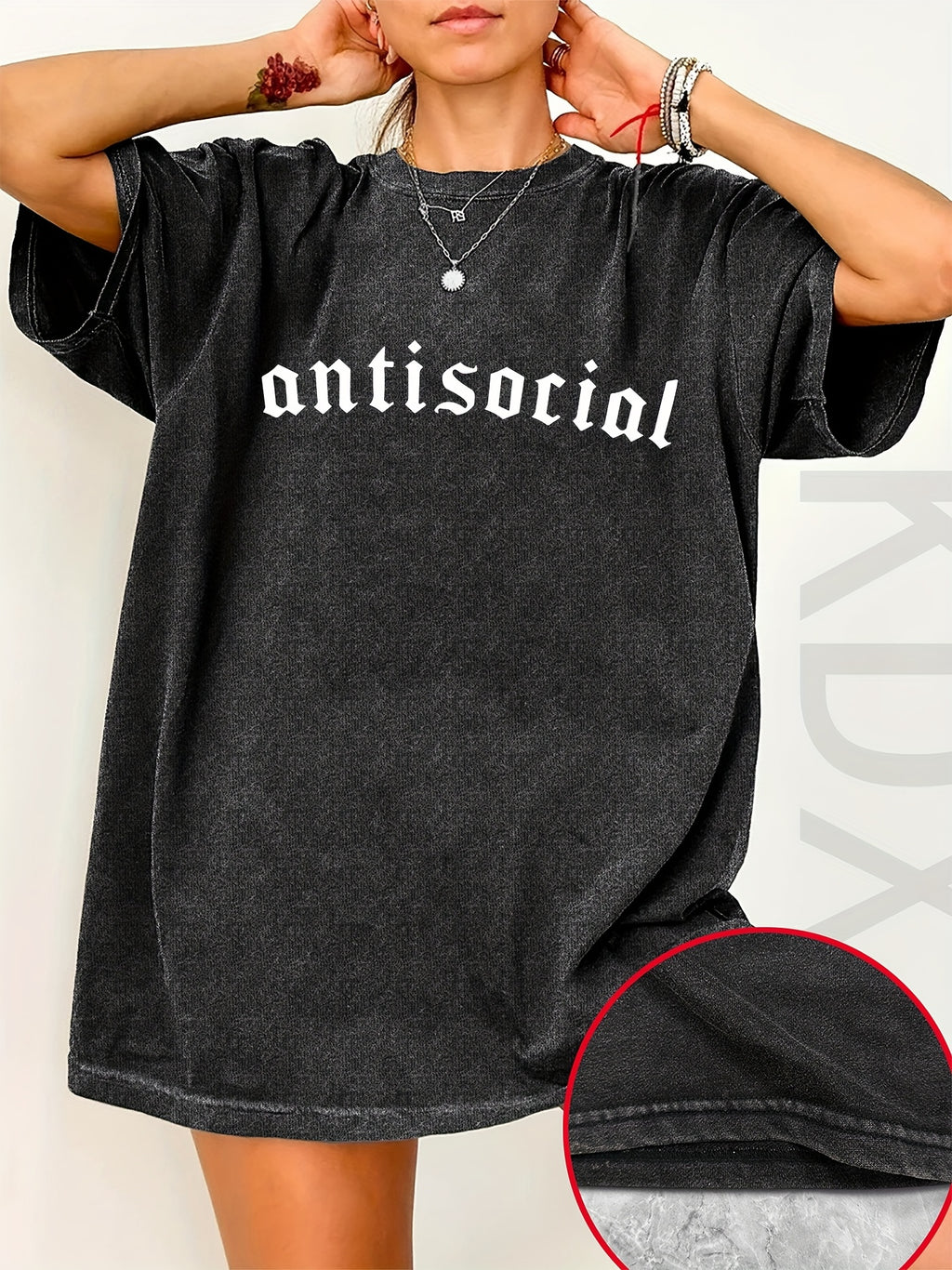 Letter Print Loose Round Neck Fashion Women's Wash Short Sleeve. - Dark Gray