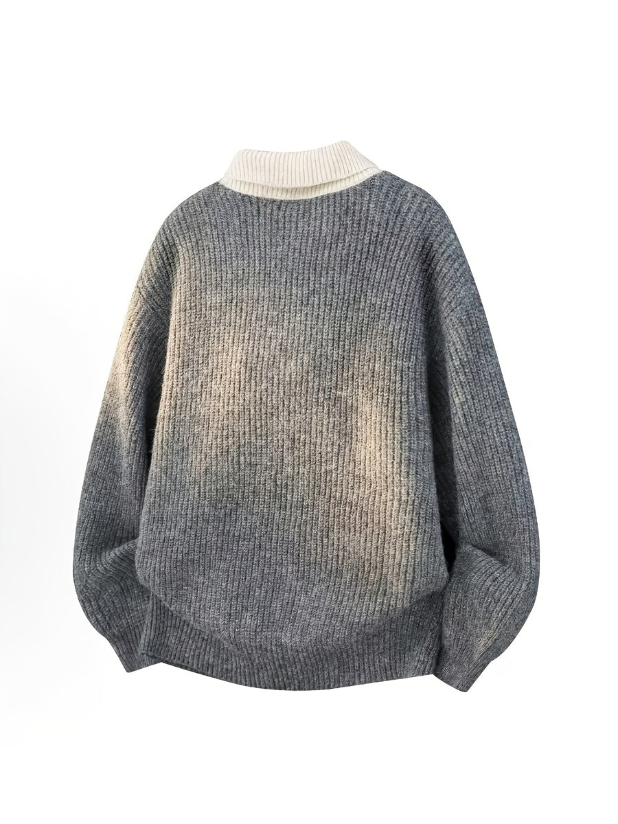 Simple Casual Color-Block Patchwork Lapel Pullover Long-Sleeve Sweater, Fashionable 2-in-1 Look Knitwear - Grey
