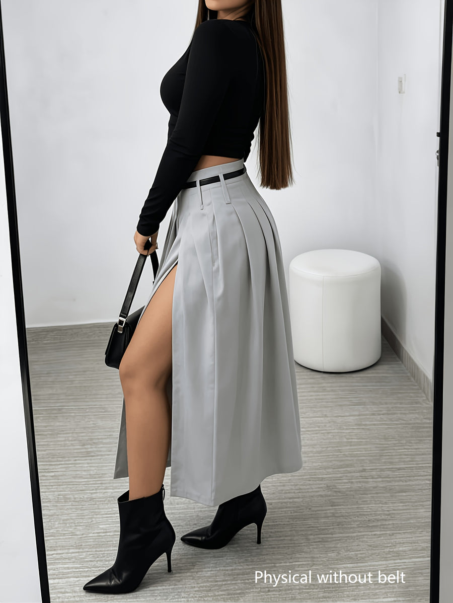 New Spring/Summer Women's High-Waist Pleated Skirt, Waist-Cinching Spicy Style, Versatile Midi Length, Beltless Design - Grey