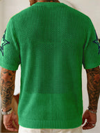 JANE DRESSINGLOG Men'S Summer Digital Design Color-Block V-Neck Short Sleeve Hollow Knit Top, Men'S Summer Casual Football Style Sweater, Suitable for Sports Casual Daily Wear - Green Blue