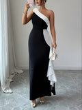 Romantic Fashionable Exquisite Black-And-White Color Block Evening Gown Women'S Elegant 3D Floral Streamer Decoration Asymmetric Shoulder Neckline Asymmetric Design Sexy Tailored Waist-Cinched Bodycon Long-Length Dress Bridesmaid Dress Women'S - Black
