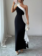 Romantic Fashionable Exquisite Black-And-White Color Block Evening Gown Women'S Elegant 3D Floral Streamer Decoration Asymmetric Shoulder Neckline Asymmetric Design Sexy Tailored Waist-Cinched Bodycon Long-Length Dress Bridesmaid Dress Women'S - Black