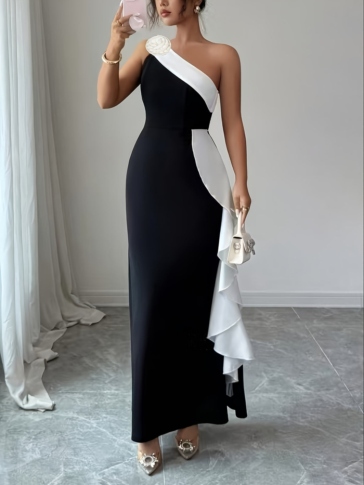Romantic Fashionable Exquisite Black-And-White Color Block Evening Gown Women'S Elegant 3D Floral Streamer Decoration Asymmetric Shoulder Neckline Asymmetric Design Sexy Tailored Waist-Cinched Bodycon Long-Length Dress Bridesmaid Dress Women'S - Black