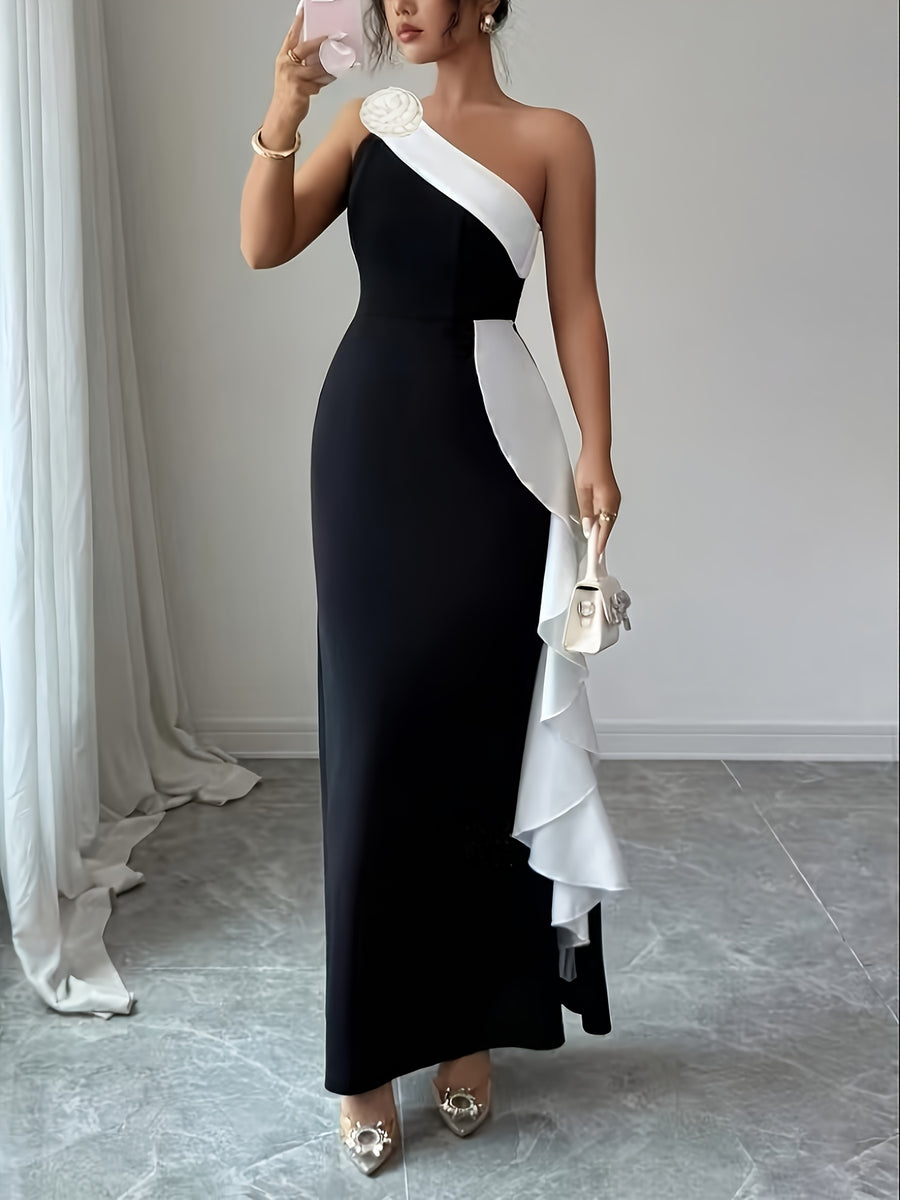 Romantic Fashionable Exquisite Black-And-White Color Block Evening Gown Women'S Elegant 3D Floral Streamer Decoration Asymmetric Shoulder Neckline Asymmetric Design Sexy Tailored Waist-Cinched Bodycon Long-Length Dress Bridesmaid Dress Women'S - Black