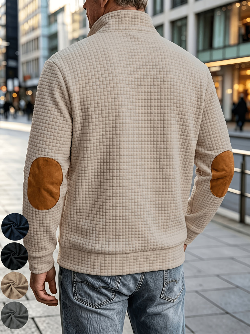 [Pearson OBM] Men'S Autumn Winter Sports Short Collar Jacket, Classic Print Design, Zippered Pockets Fashionable Small Plaid Textured Fabric, Elbow Classic Color-Block Casual Coat, Spring Autumn Versatile Zippered Cardigan Top, Suitable for Gifting - Khaki