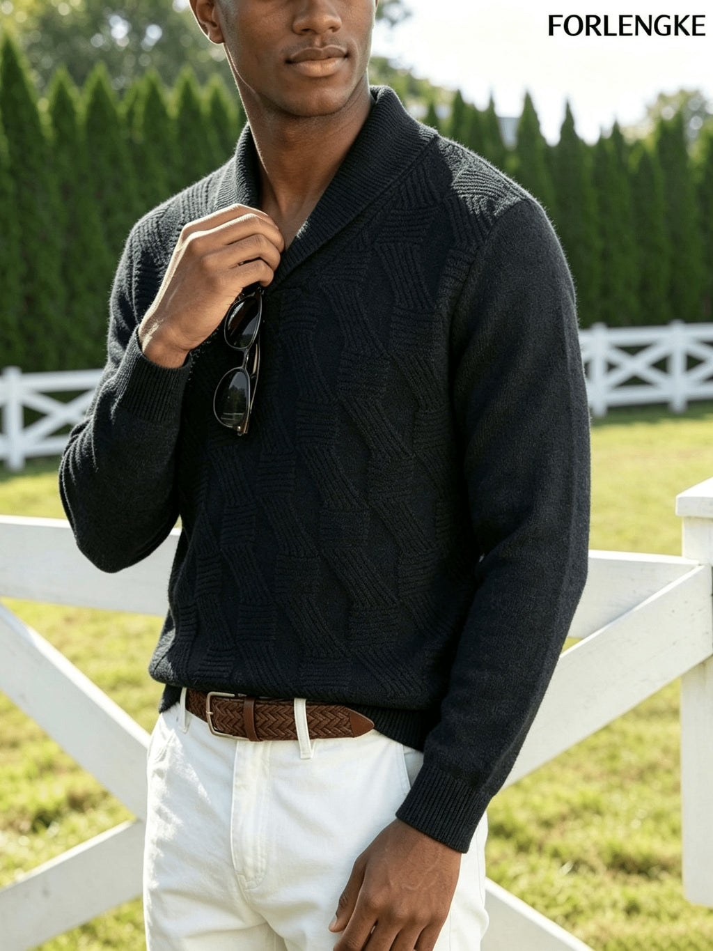FORLENGKE Autumn And Winter Men'S Stylish Crew-Neck Knit Sweater with Full Checkered Texture, Jacquard Long-Sleeve Sweater, Comfortable Knit Top for Autumn And Winter, Casual Outings, Shopping, And Party Atmosphere Men'S Pullover Knit - Black