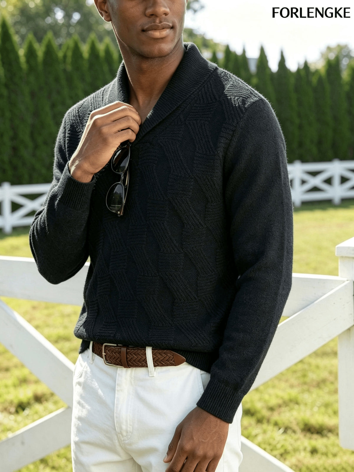 FORLENGKE Autumn And Winter Men'S Stylish Crew-Neck Knit Sweater with Full Checkered Texture, Jacquard Long-Sleeve Sweater, Comfortable Knit Top for Autumn And Winter, Casual Outings, Shopping, And Party Atmosphere Men'S Pullover Knit - Black