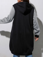 Plus Size Women'S Fashion Color Block Hoodie Coat - Mid-Length Stylish Jacket Perfect for Autumn & Winter Outfits - Black Gray