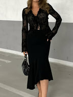 Women'S Spring Summer Temperament Elegant Floral Mesh Lace Ruffled Flared Sleeve Blouse - Black