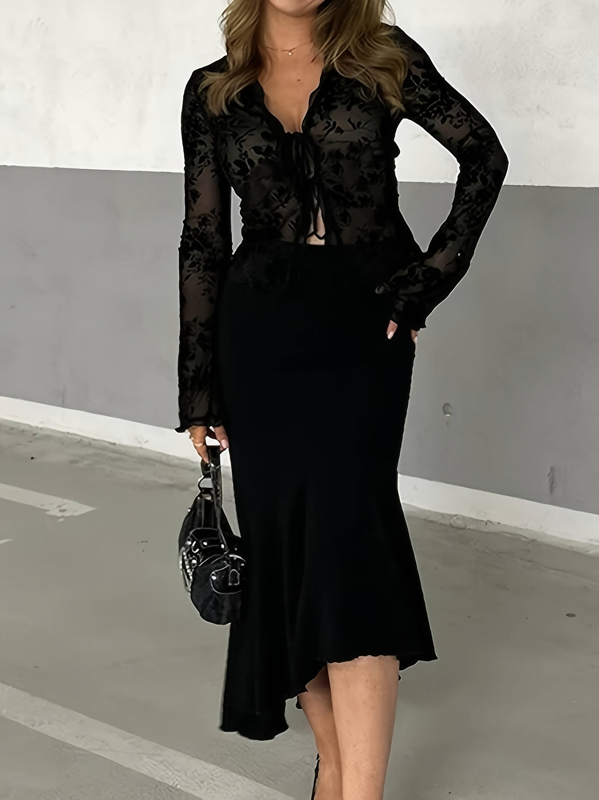 Women'S Spring Summer Temperament Elegant Floral Mesh Lace Ruffled Flared Sleeve Blouse - Black