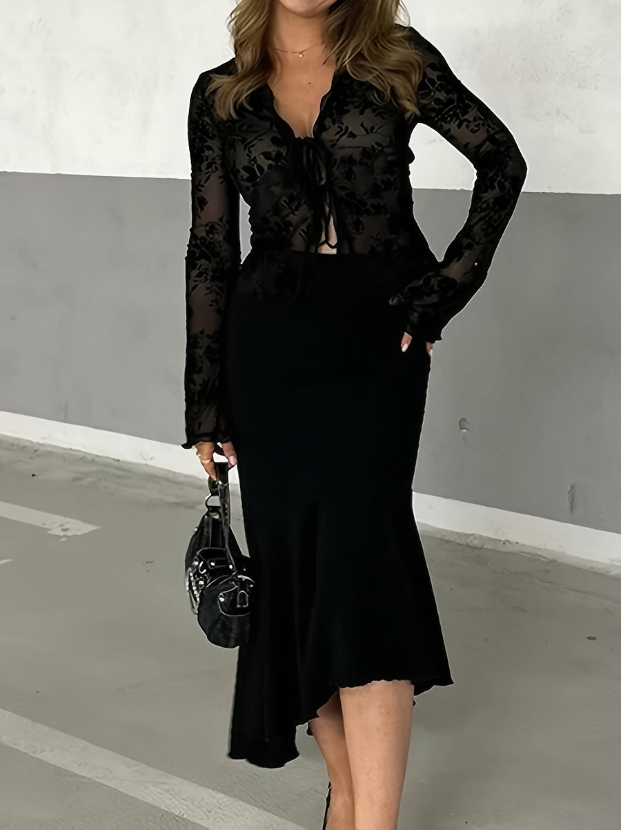 Women'S Spring Summer Temperament Elegant Floral Mesh Lace Ruffled Flared Sleeve Blouse - Black