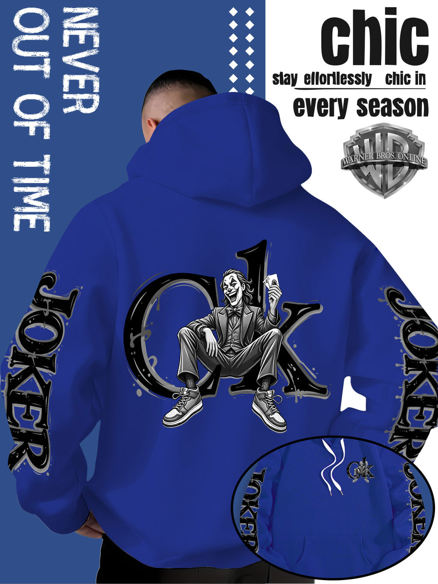 Men'S Hooded Sweatshirt, Western Trendy Cool Black And White Sketch Joker Theme Print, Sleeves with Same Series Splatter Art Lettering, Breathable And Skin-Friendly Fabric, Showcasing ' Fashion Sense, Ideal Gift for Holidays And Birthdays - Royal Blue