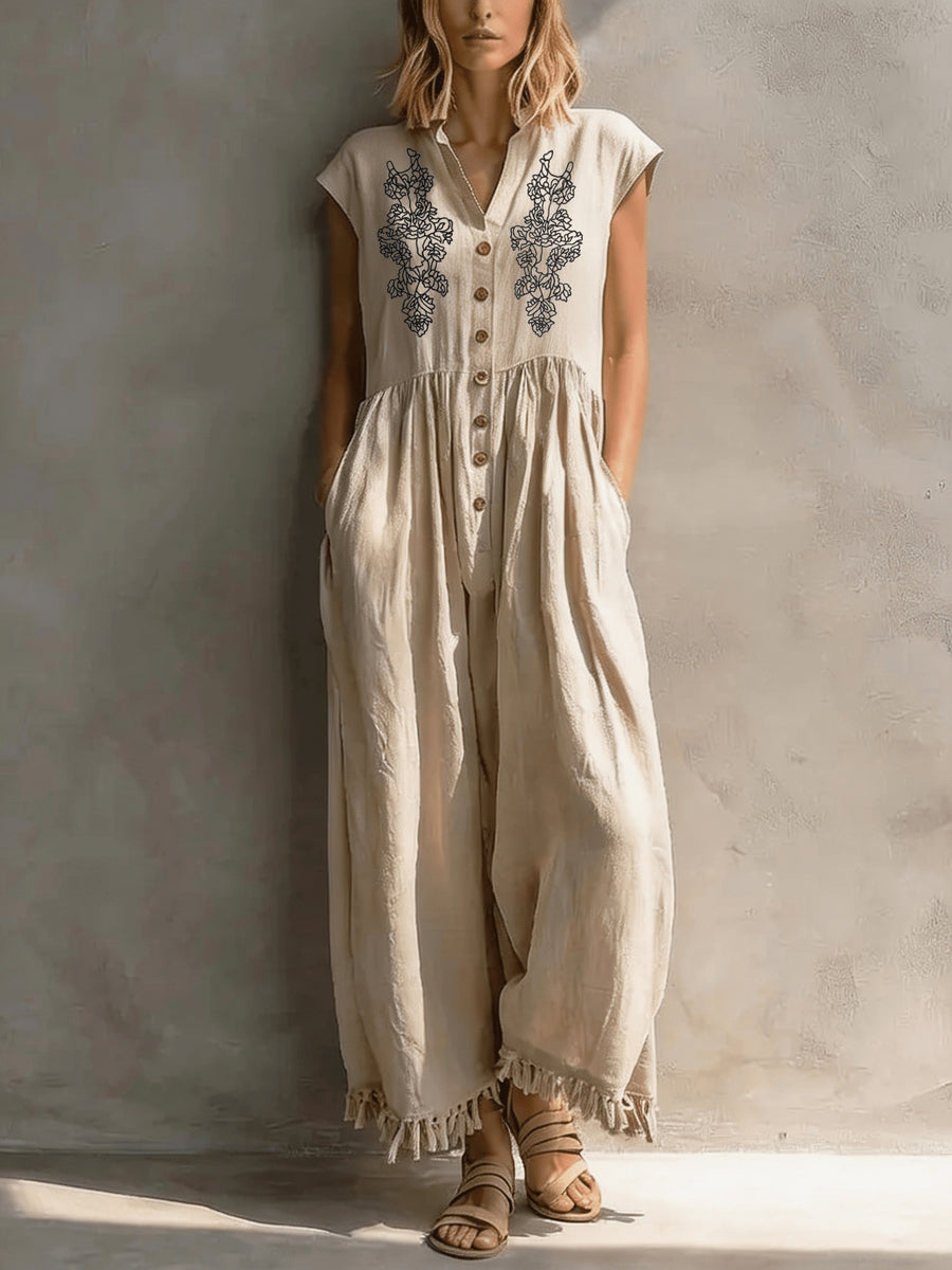 Bohemian Embroidered Sleeveless Jumpsuit Women'S Summer V-Neck Button-Ruffle Wide-Leg Overalls ZCDX - Off-white