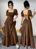 Elegant Daily Casual Fashion Women's Square Neck Puff Sleeve Front Tie-Up Hollow Waist Flared Skirt Summer Dress - 【Brown】