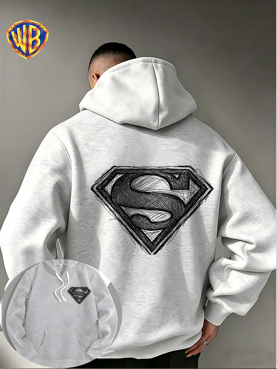 Warner Bros. Superman Sketch Print Hooded Sweatshirt, Men's Loose Fit Casual Top, Versatile and Comfortable Autumn/Winter Sweatshirt - Light Grey