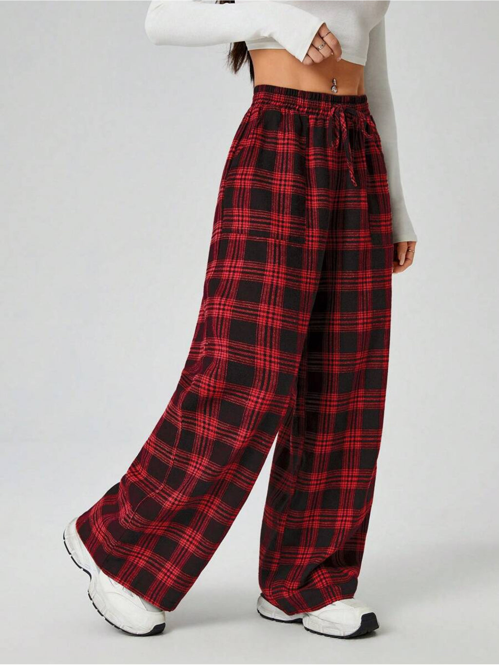 PETITE Women'S Autumn Winter Plaid Wide Leg Pants with Pockets - Burgundy