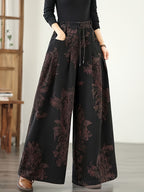 Flower Print Elastic Waistband Drawstring Women'S Denim Wide Leg Pants for Spring And Autumn New Styles, Loose High Waisted And Large Leg Casual Versatile Denim Trousers - Black