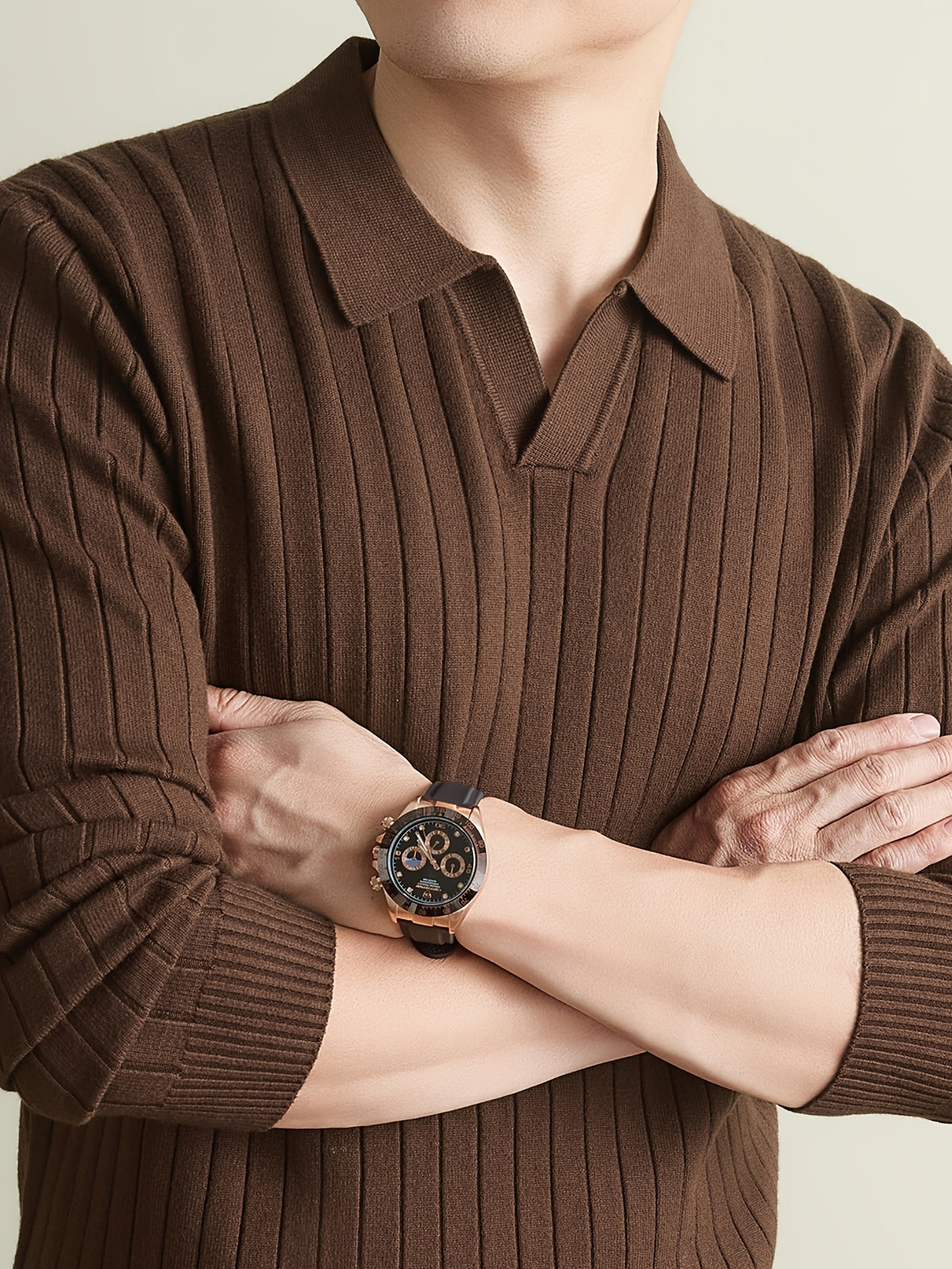 Autumn Winter Men'S Sweater, Lapel Men'S Long Sleeve Sweater, Casual Solid Color Pinstripe Seagull Collar Knit Warm Pullover POLO Shirt, Daily Commute Outdoor Holiday Wear POLO Shirt Sweater - Mocha Brown
