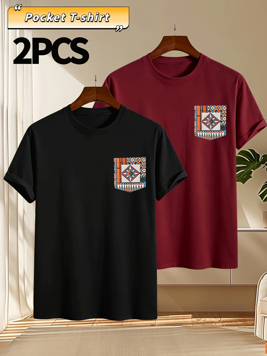 2pcs Men's Round Neck Pocket Short-Sleeve T-Shirt, Suitable for Summer Outdoor Casual Wear, Versatile Casual Knit Top, Men's Casual Pocket Design Sport T-Shirt - Black + Wine Red